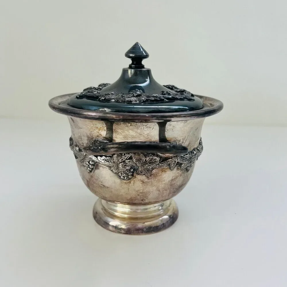 Victorian Silver Plated Ornate Grape & Vine Sugar Serving Bowl With Lid